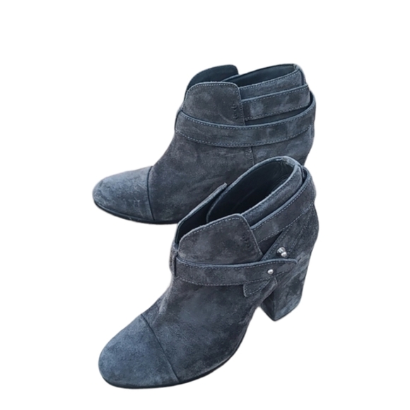 rag & bone Harrow Gray Suede Ankle Boots 7 37.5  Smoke Strappy Moto Booties - Picture 3 of 17